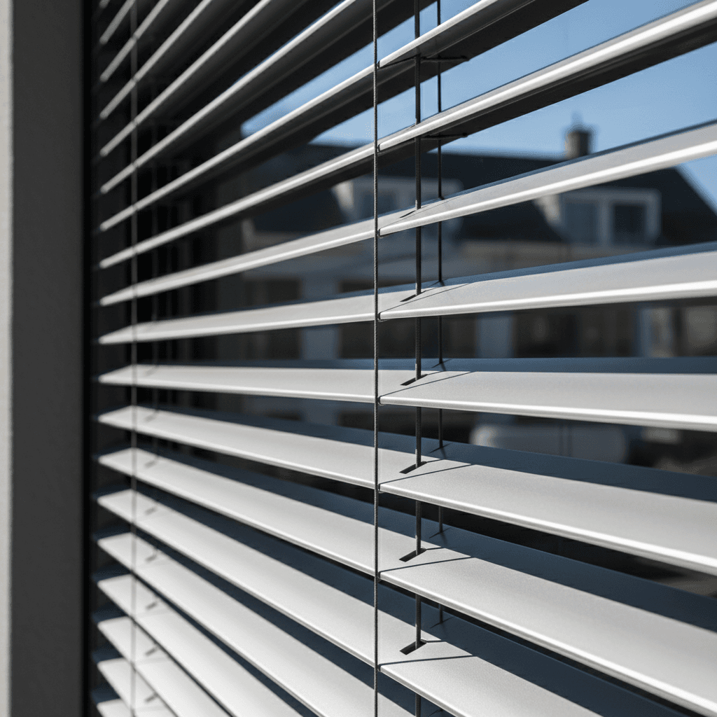 Exterior aluminum blinds closeup showing slat texture and metallic finish