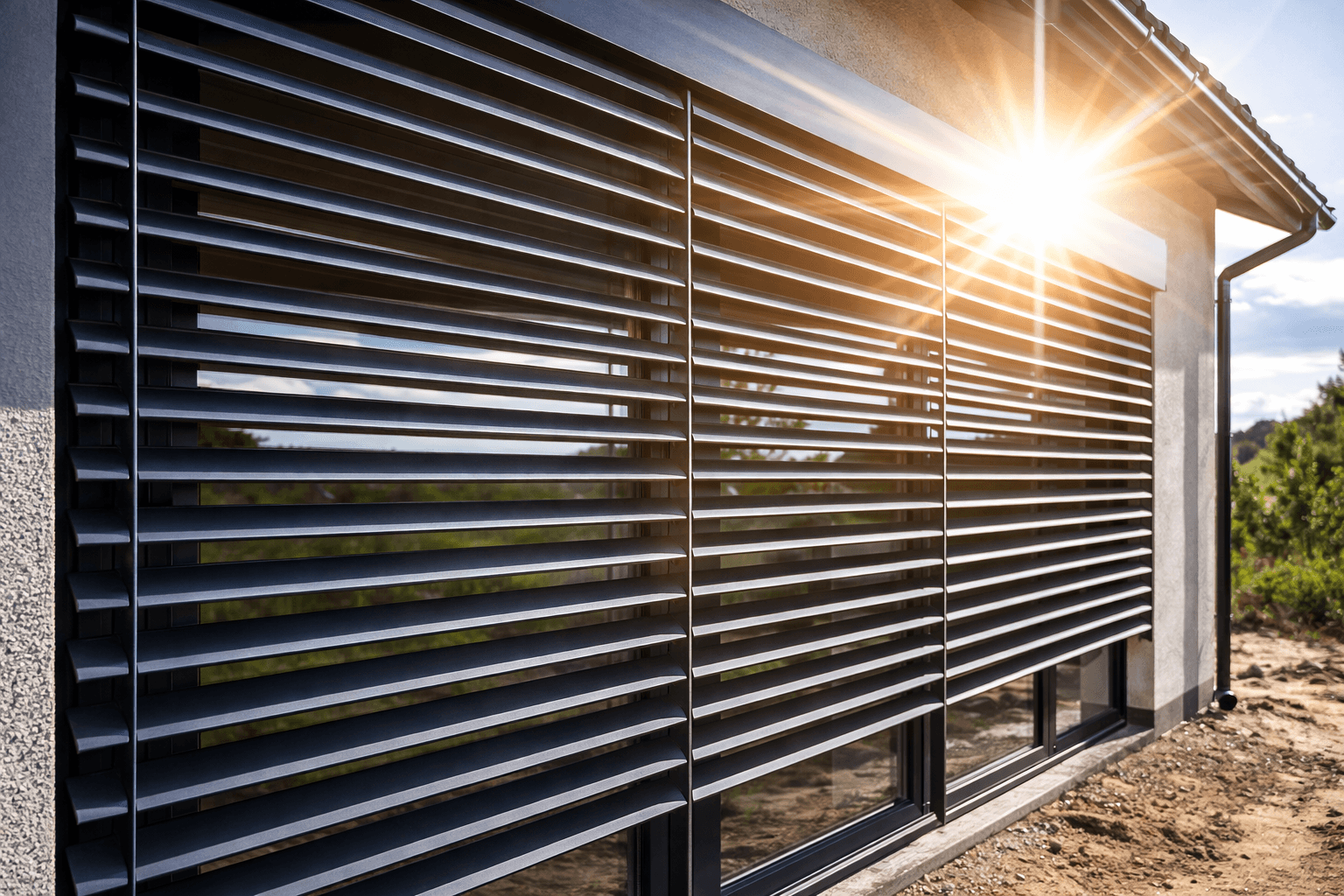 Modern dark grey external venetian blinds on a house window with bright sunlight and flare.