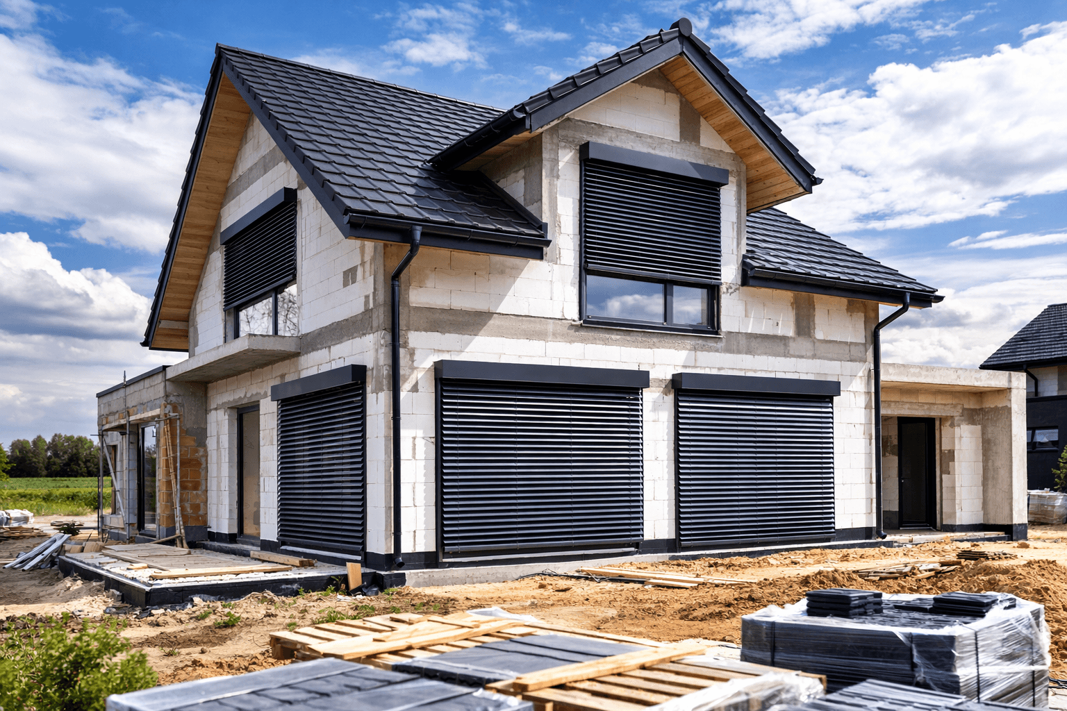 Modern white block house under construction with black tiled roof and external window shutters.