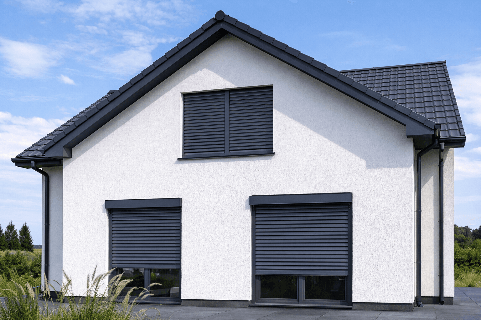 Modern white house with dark grey roof and windows featuring dark grey external roller shutters.