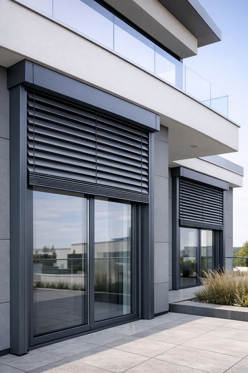Exterior window blinds on modern building, showcasing sleek design