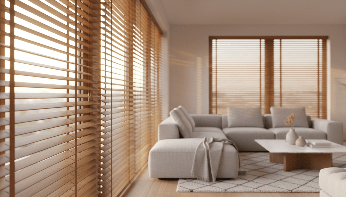 Modern living room with professionally installed wooden blinds filtering natural light