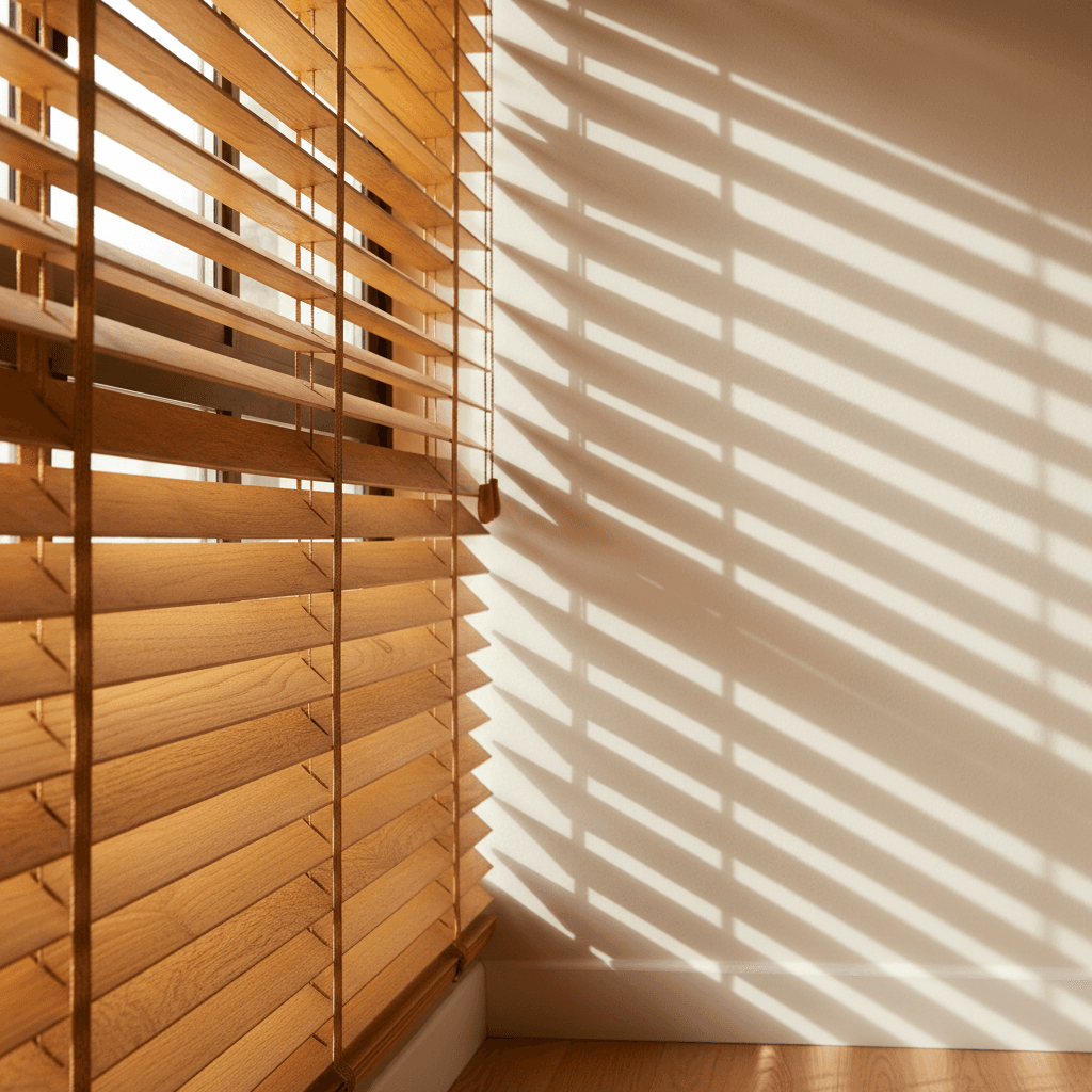Interior wooden blinds with natural light filtering through slats