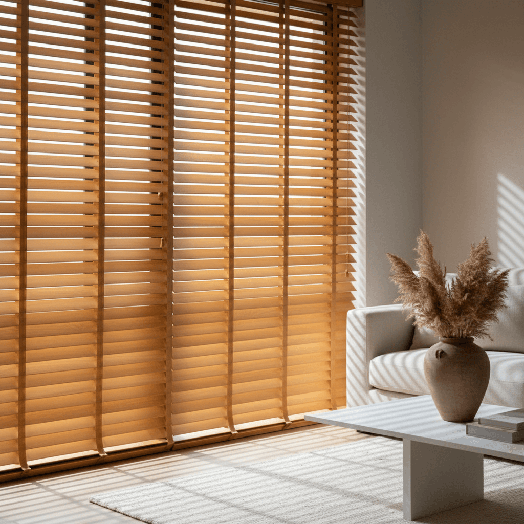 Interior wooden blinds in modern living space