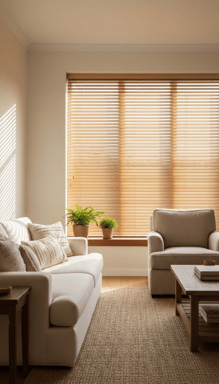 Wooden interior blinds controlling light in living room