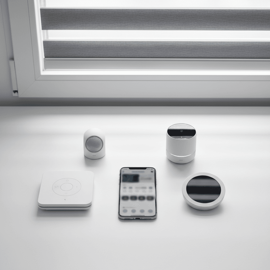 Smart home blind control app on smartphone with motorized blinds