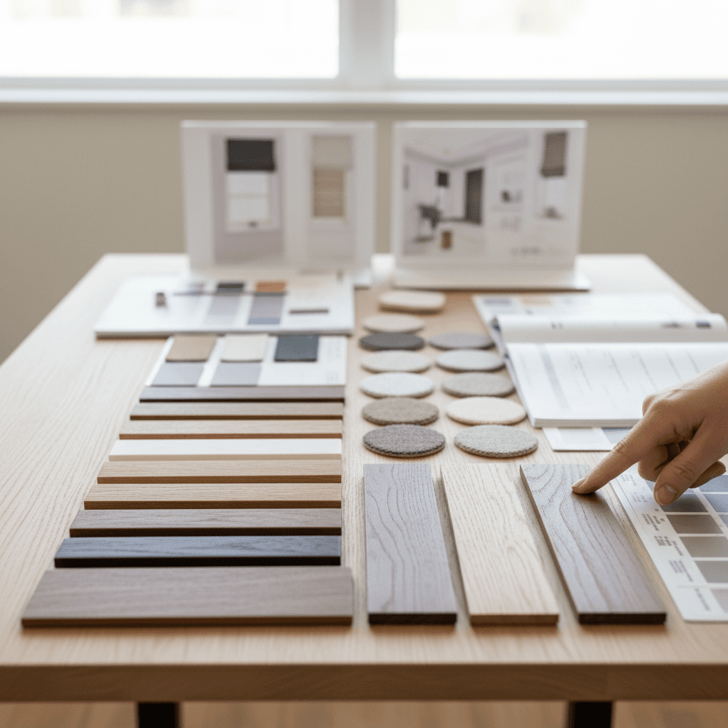 Interior designer's workspace with various wooden blind color samples and materials arranged overhead for consultation