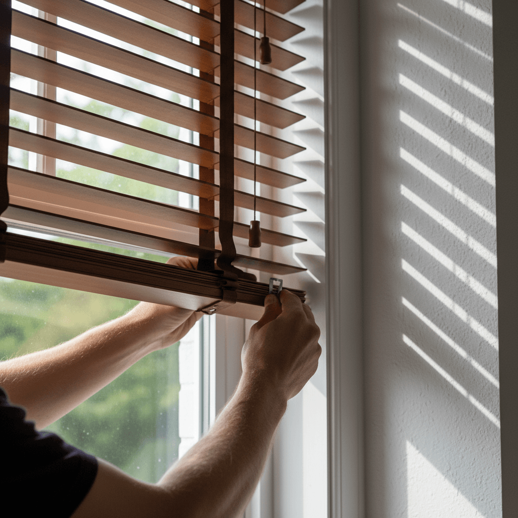 Craftsperson's hands installing wooden blinds into residential window frame with precision